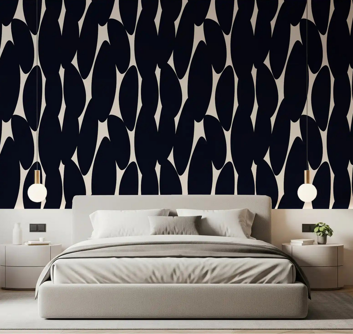 Navy organic shapes cover a minimalist silhouette wallpaper in the bedroom GD11661
