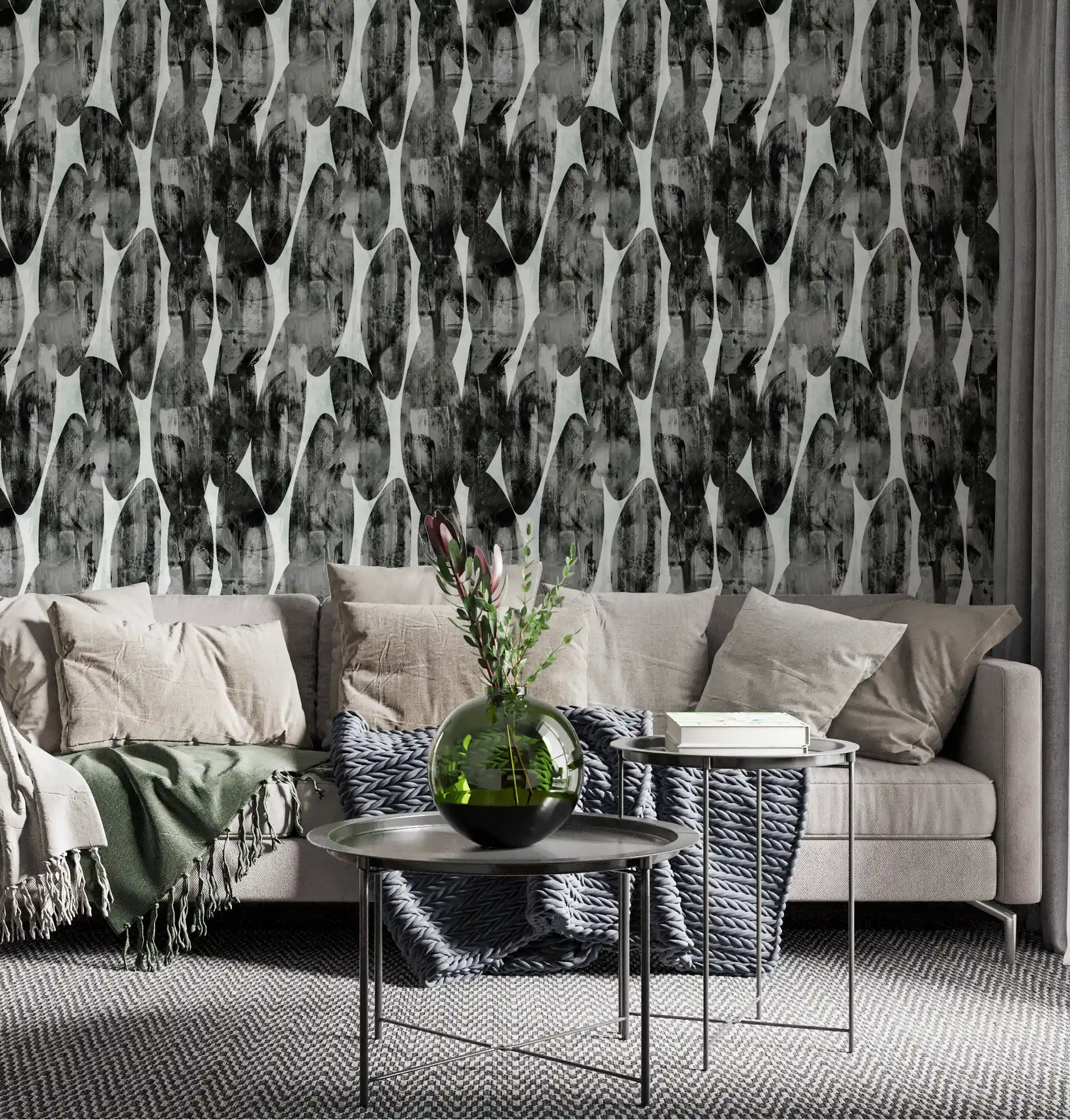 Living room styled with layered brushstroke wallpaper in charcoal and grey GD11662
