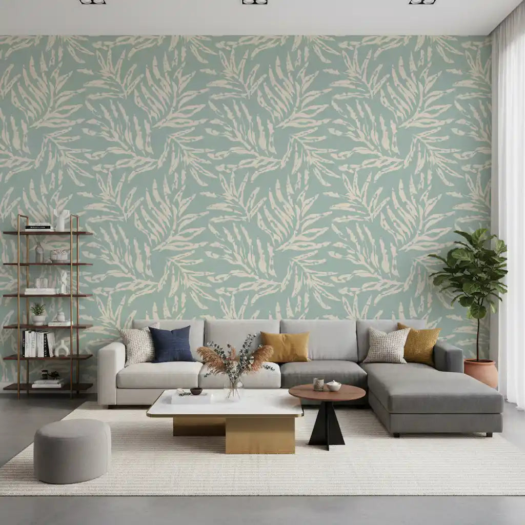Cream palm frond wallpaper spreads a leafy sage tone through a living room, GD11666
