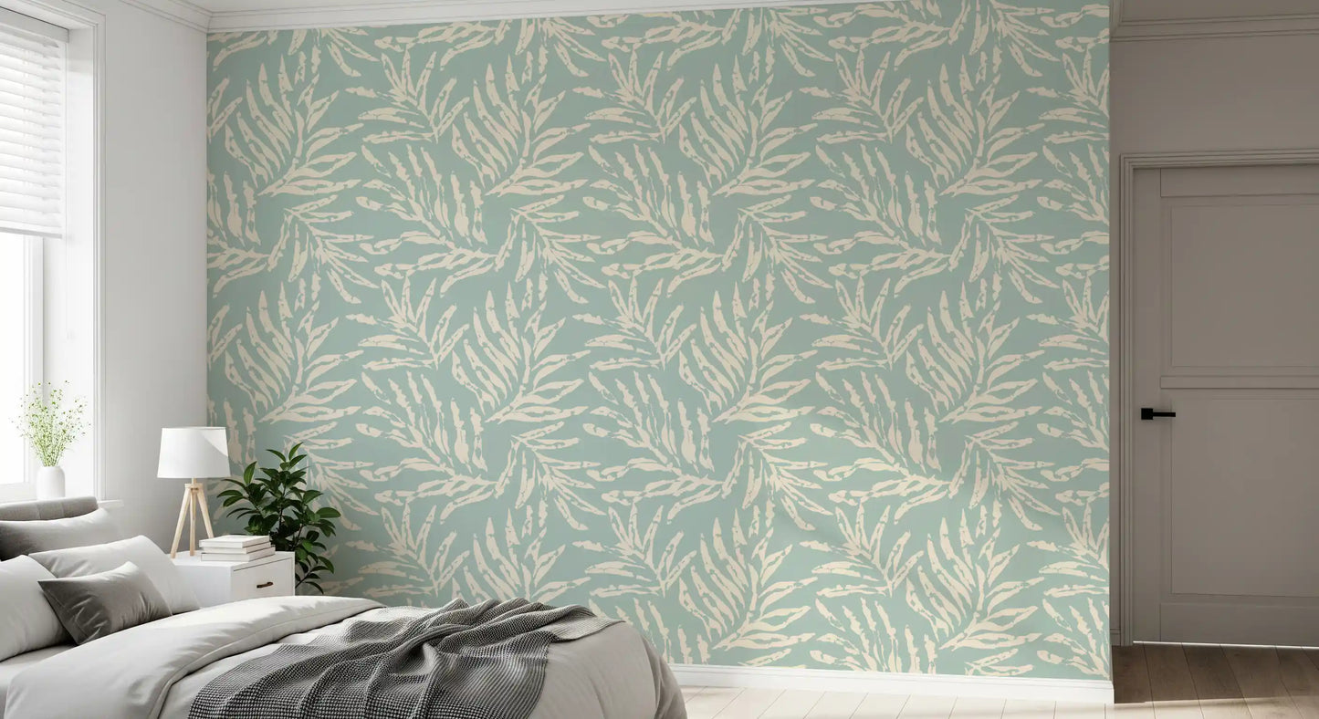 Sage and Cream Palm Frond Impression Wallpaper⁠