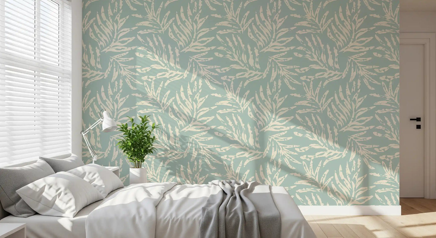 Sage and Cream Palm Frond Impression Wallpaper⁠