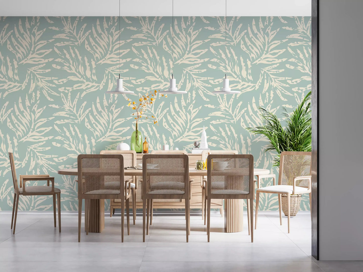 Sage and Cream Palm Frond Impression Wallpaper⁠