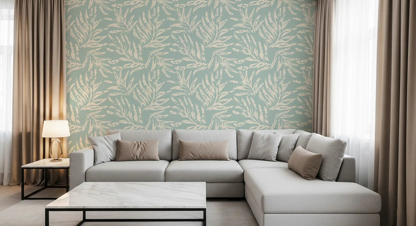 Sage and Cream Palm Frond Impression Wallpaper⁠
