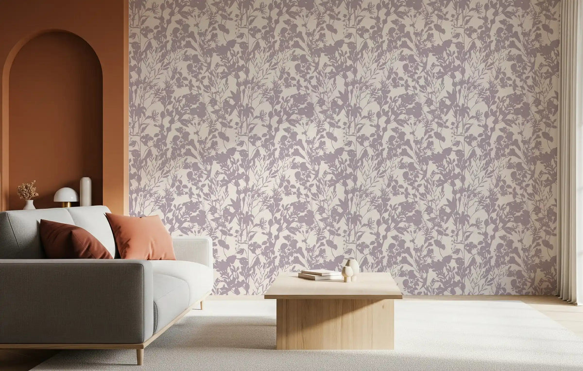 Living room styled with lavender botanical silhouette wallpaper GD11669
