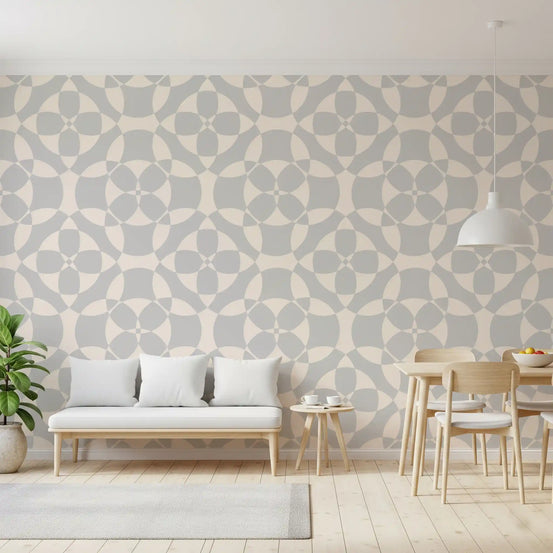 Gray and cream circles pattern the dining room in Geometric Circles wallpaper GD11670
