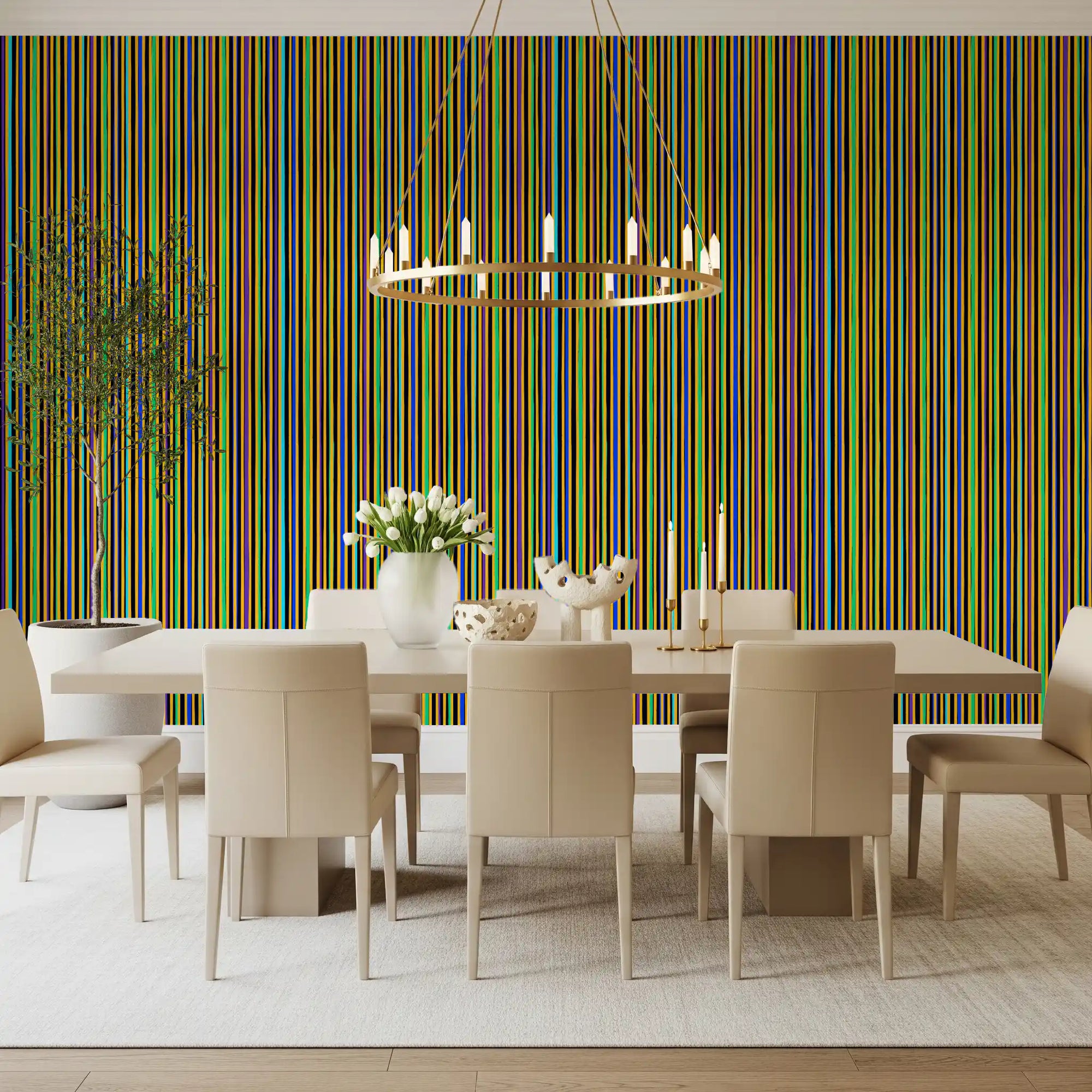 Green and purple stripes lift the Dining room on vibrant striped wallpaper GD11671
