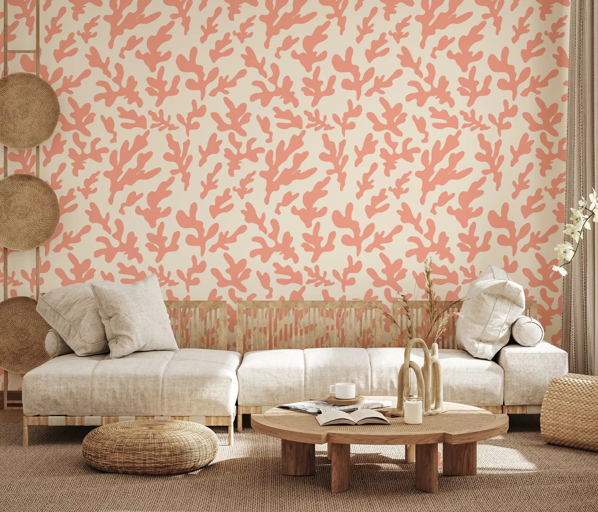 Blush coral motif wallpaper warms a calm living room GD11673
