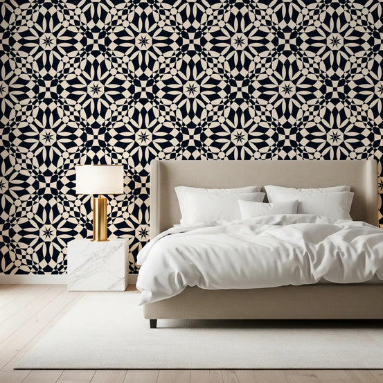 Navy circular lattice wallpaper making a bold Bedroom backdrop GD11676
