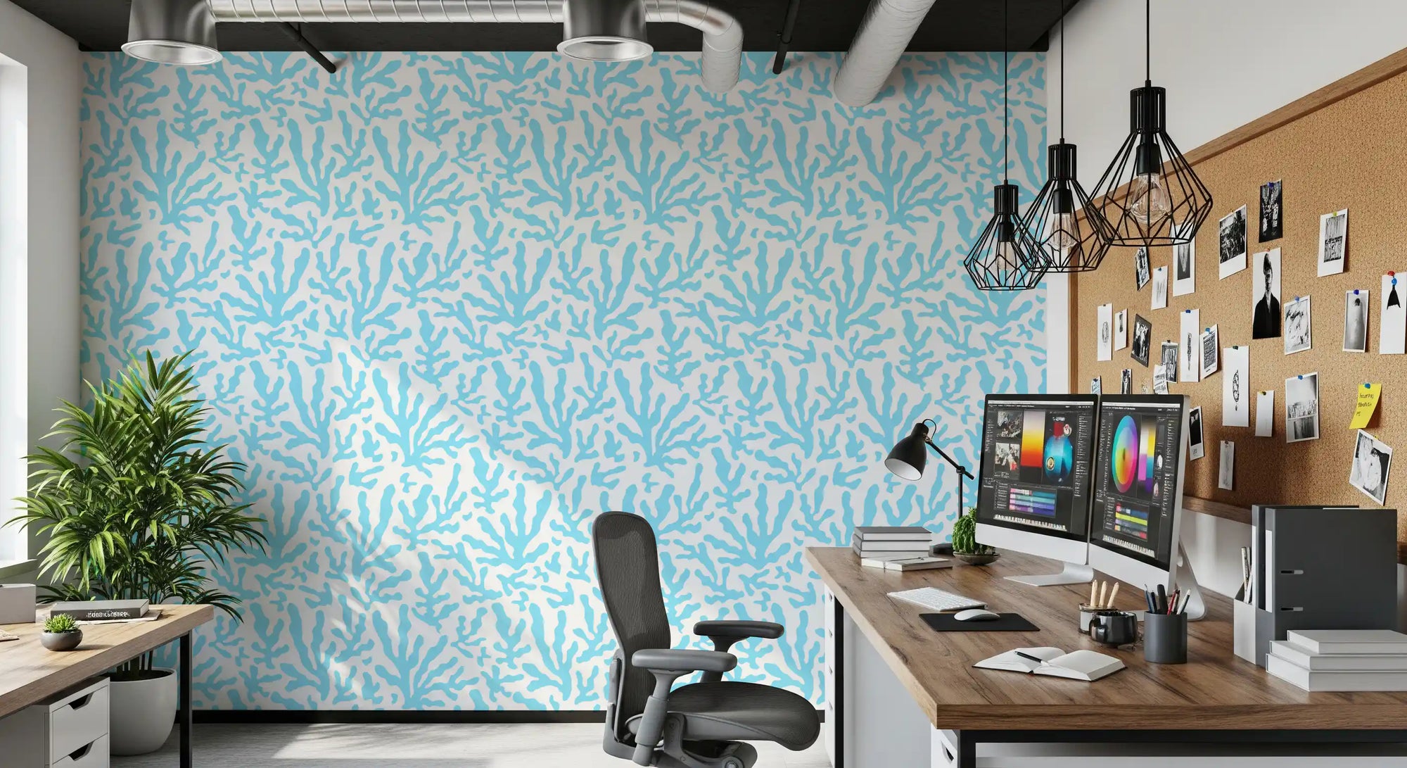 Home office backdrop scattered with abstract coral blue wallpaper GD11677
