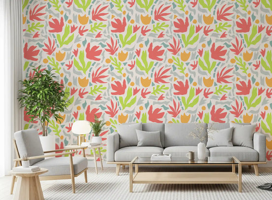 Coral and lime shapes liven a relaxed living room in this wallpaper GD11679
