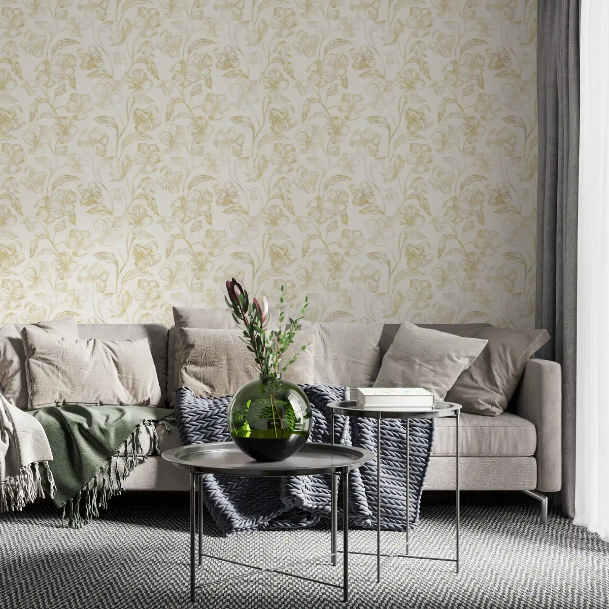 Gold florals trail over a living room in Golden Botanical wallpaper GD11680
