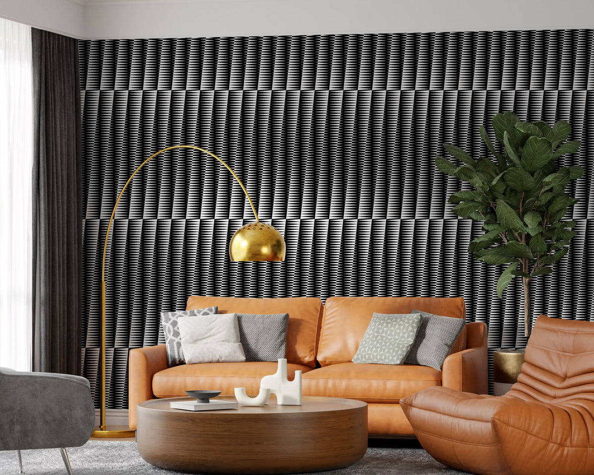 Sharp chevron wallpaper stepping behind a warm living room GD11682
