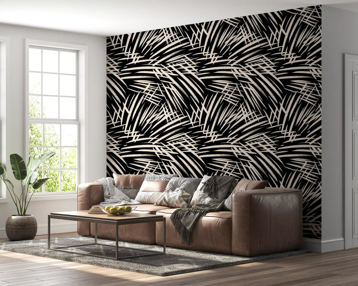 Monochrome brushstroke wallpaper set behind a warm living room GD11685

