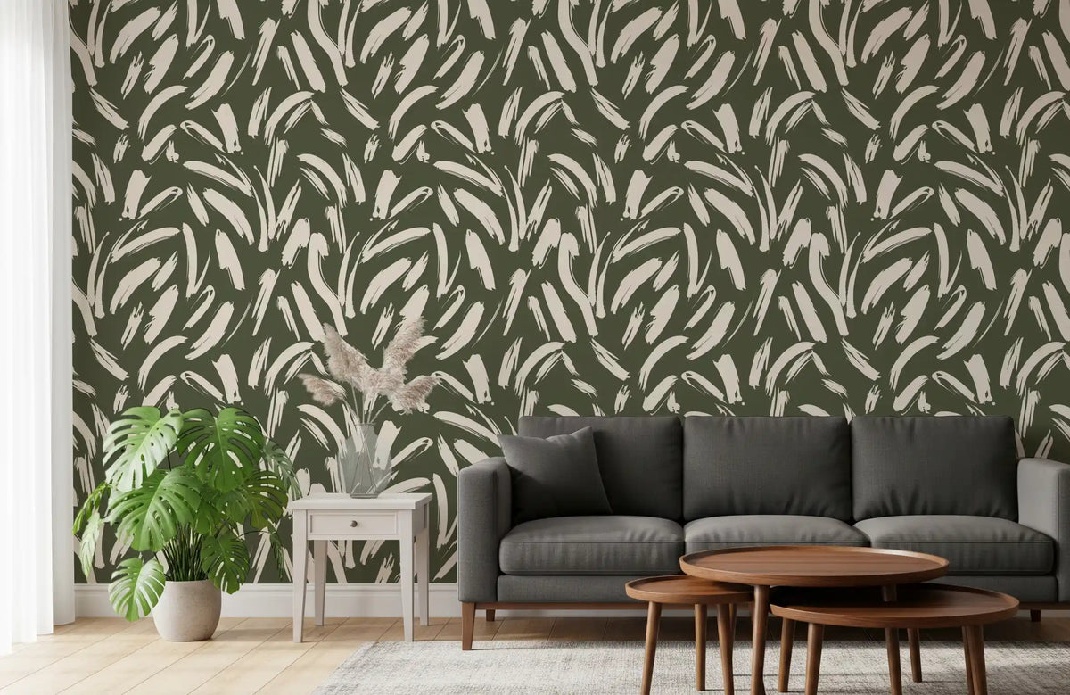 Sage green brushstrokes wallpaper warming a calm living room GD11686
