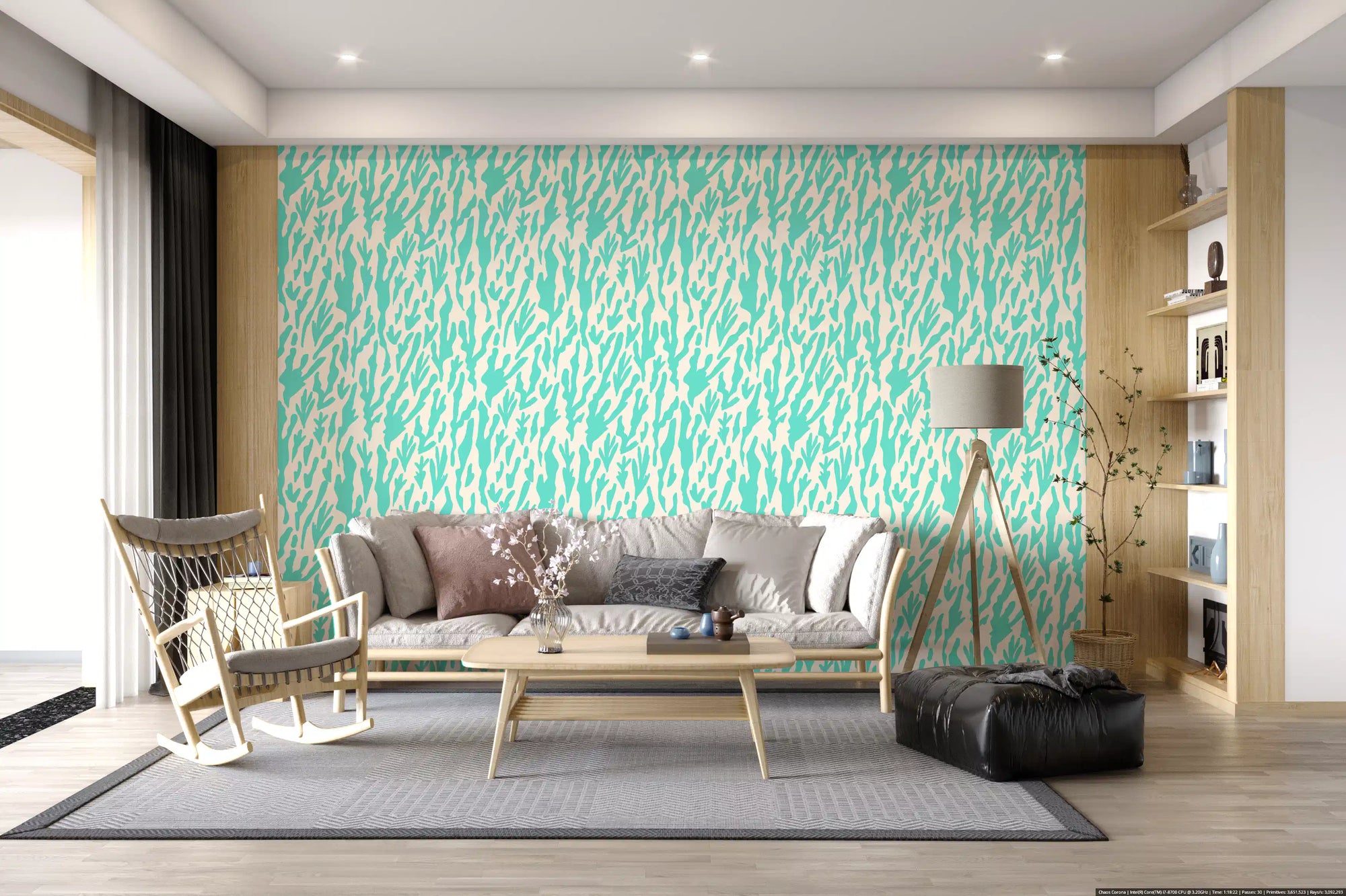 Minimalistisk teal botanisk vågmönstrad tapet⁠
