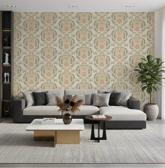 Living room warmed by sage blush damask wallpaper GD11693

