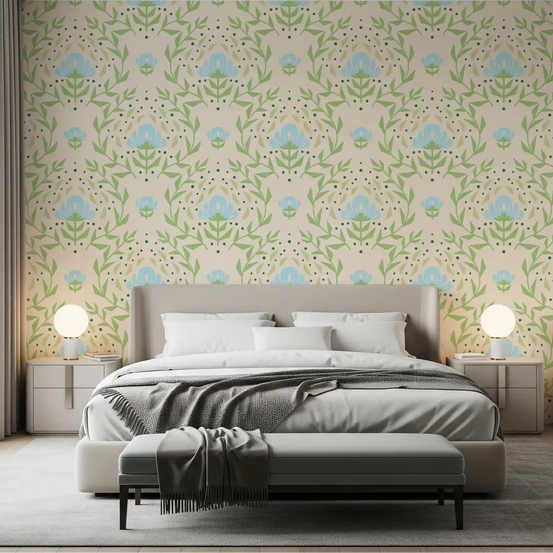Green foliage and blue blooms warm a calm bedroom in Nordic Bloom wallpaper GD11694
