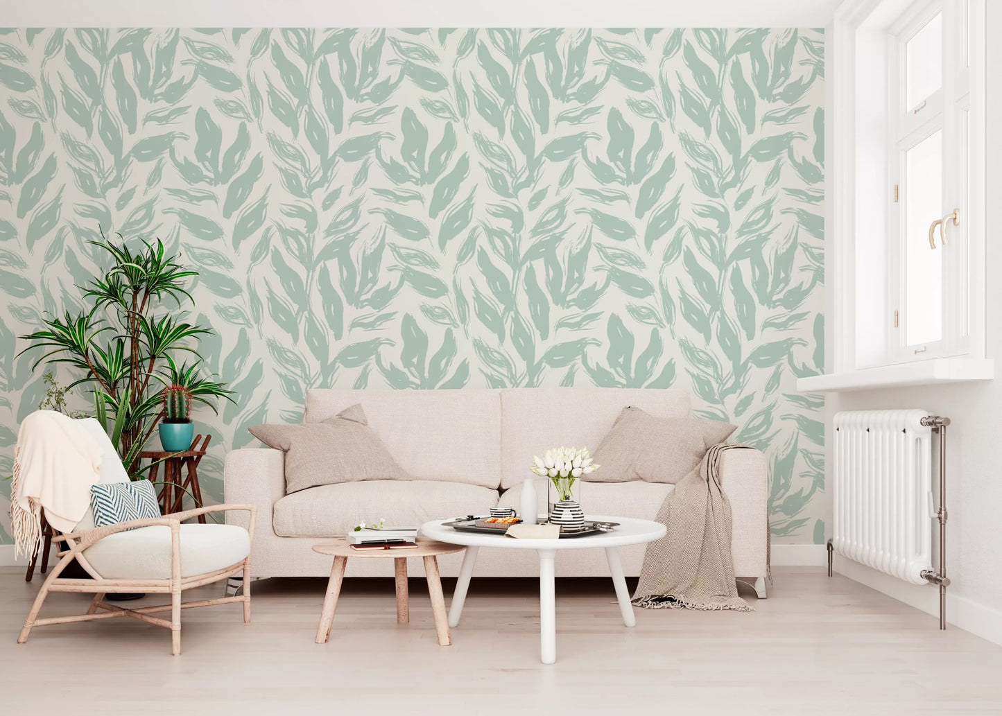 Sage Brushstroke Foliage Motif Wallpaper⁠