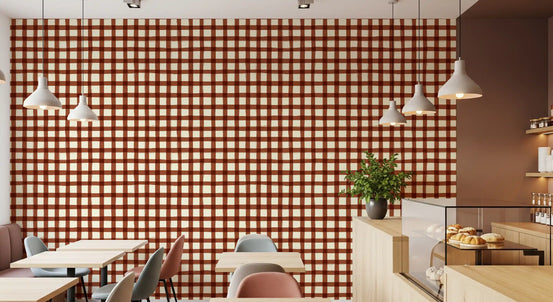 Rustic Brushstroke Check wallpaper warms a cosy cafe, GD11704
