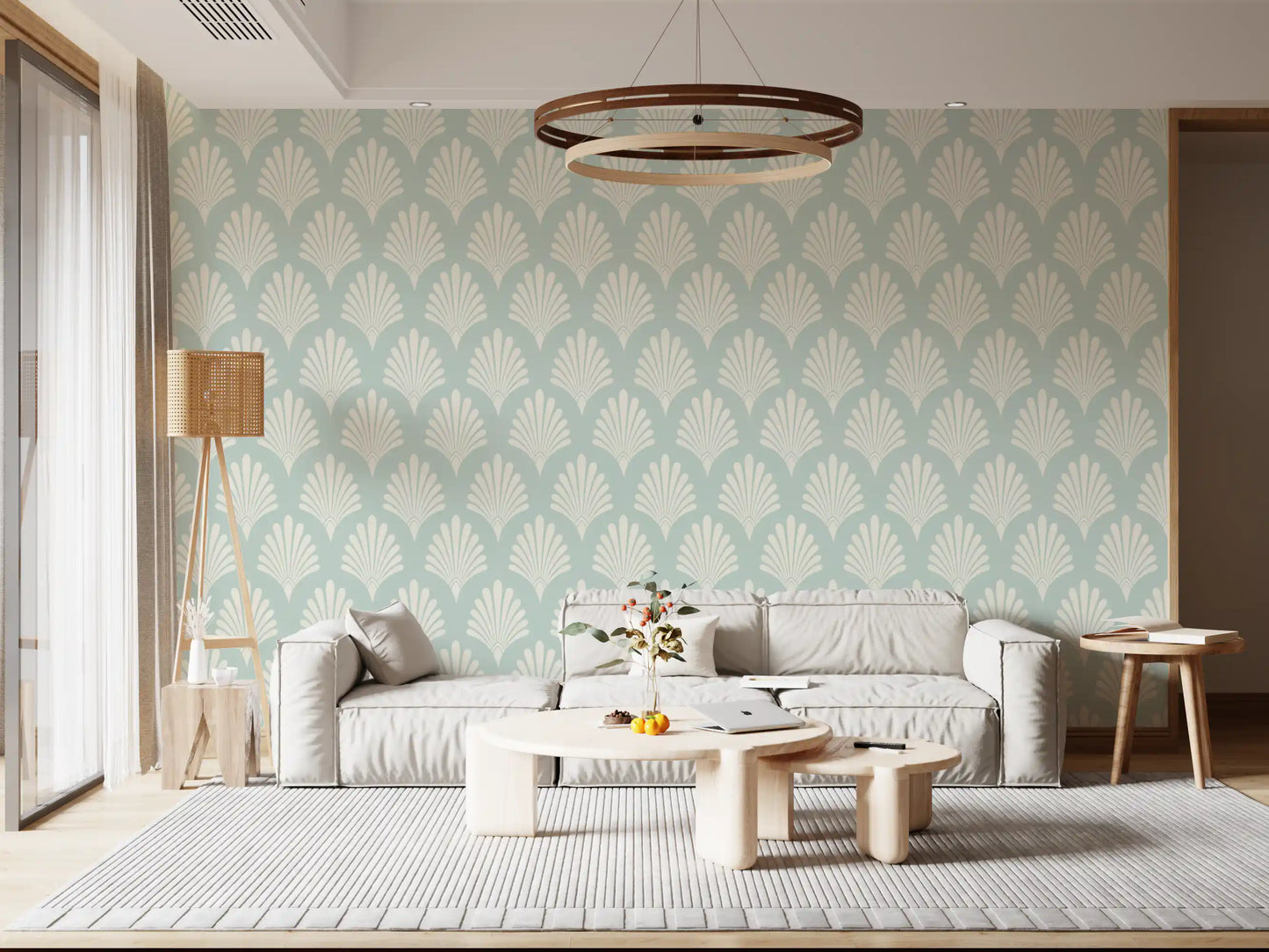 Art Deco Fan Pattern in Sage and Cream Wallpaper⁠
