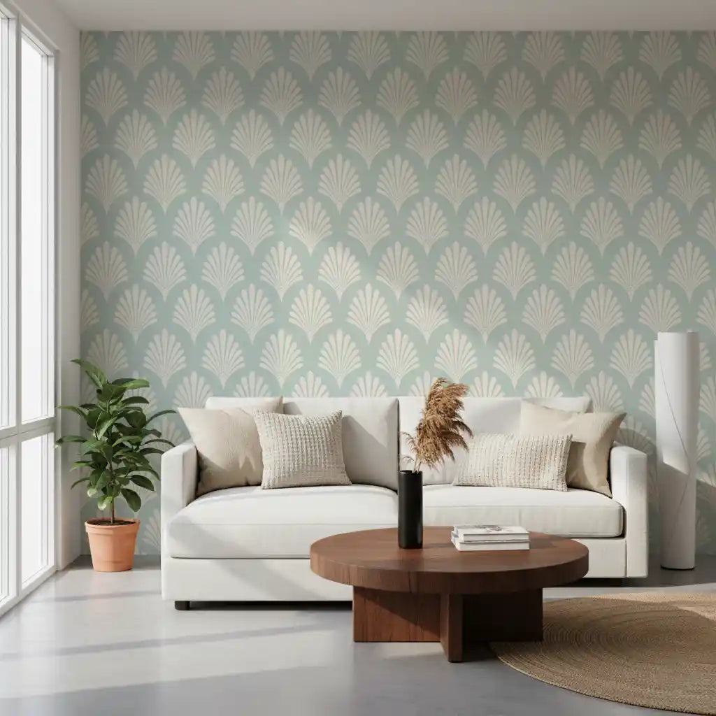 Art Deco Fan Pattern in Sage and Cream Wallpaper⁠