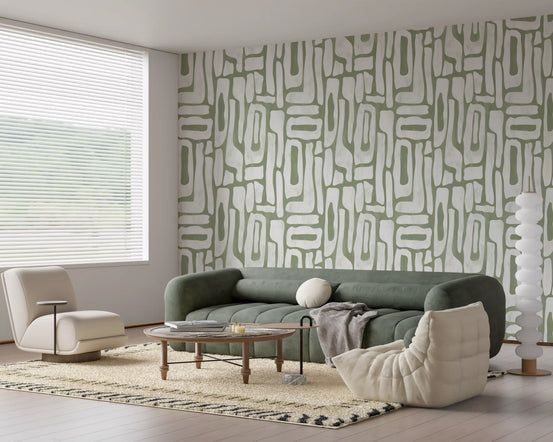 Papel de Parede com Formas Abstratas Orgânicas Verde-Sálvia