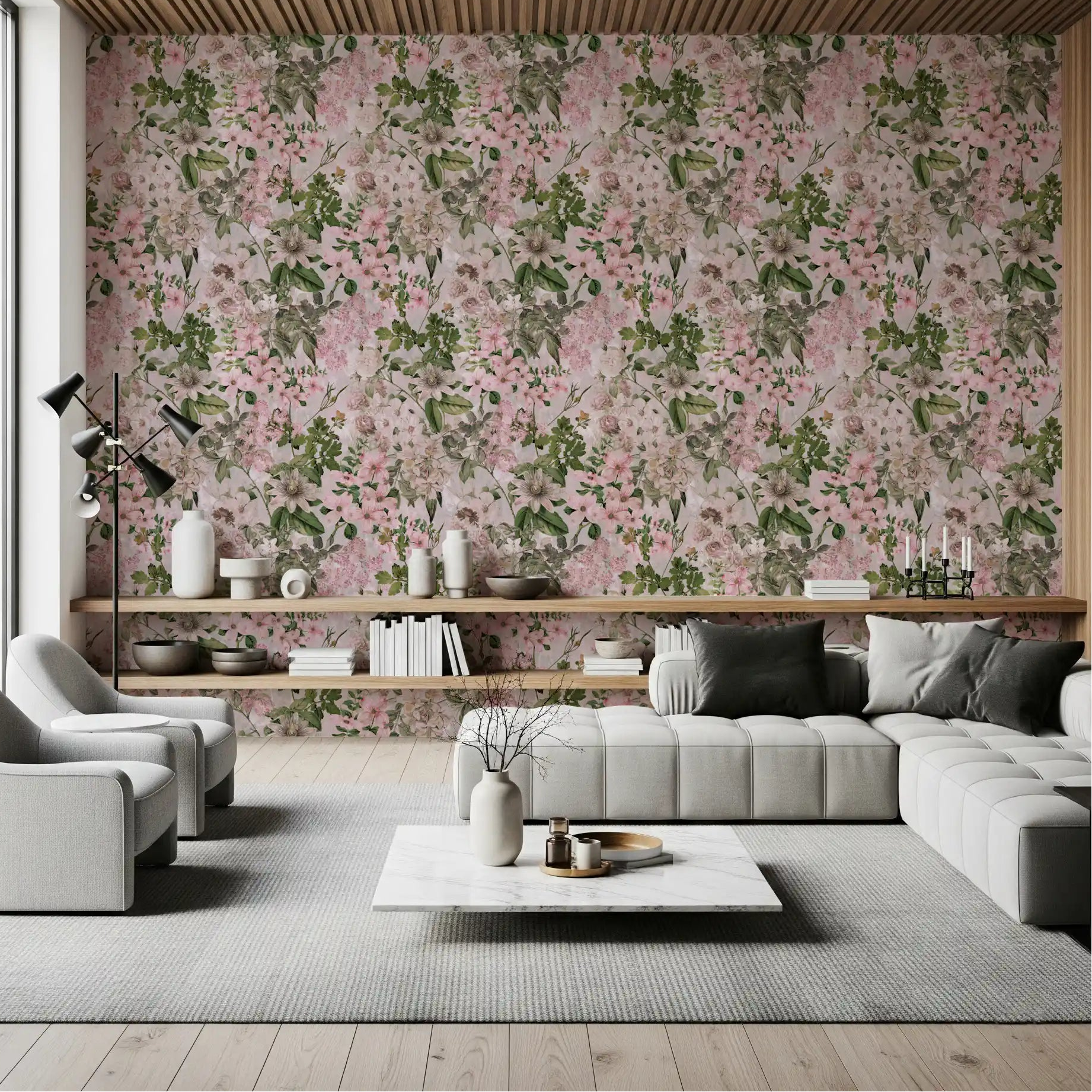 Faded roses warm a calm living room in this wallpaper GD11720
