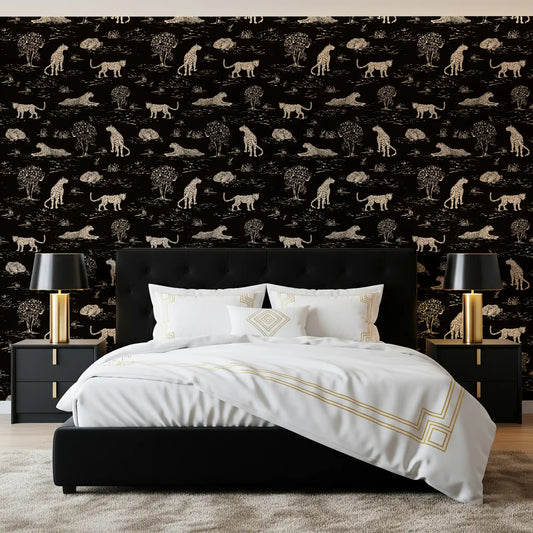 Cream cats roam a Bedroom in this Leopard Sketch Savanna wallpaper. GD11725
