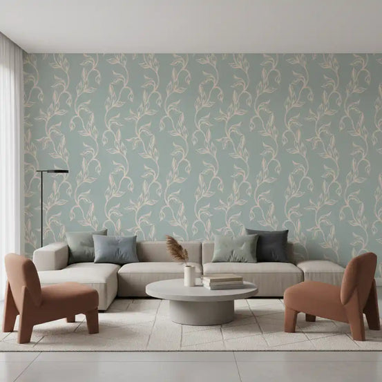 Sage green and cream vines fill a living room on this botanical wallpaper GD11726
