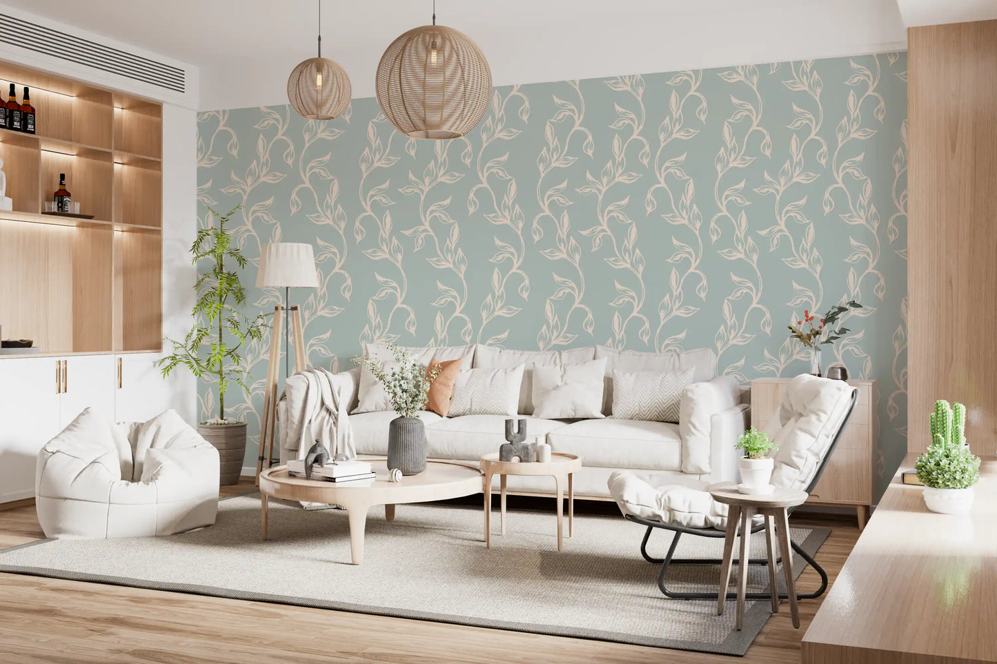 Tapet med botanisk vinranka i salviagrönt och krämvitt