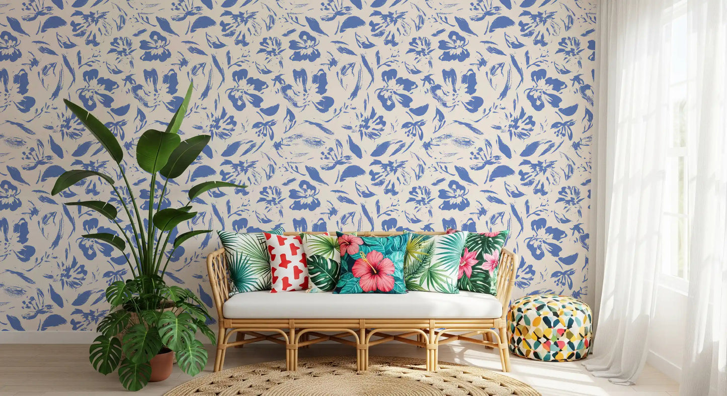 Papier peint floral crème et cobalt