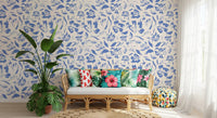 Papier peint floral crème et cobalt