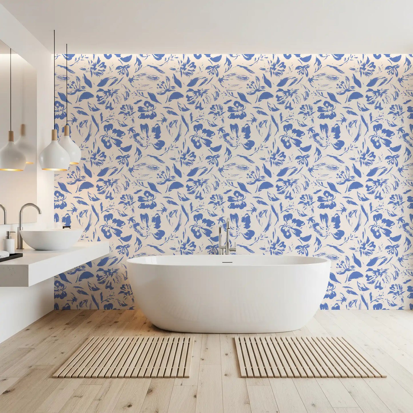 Papier peint floral crème et cobalt