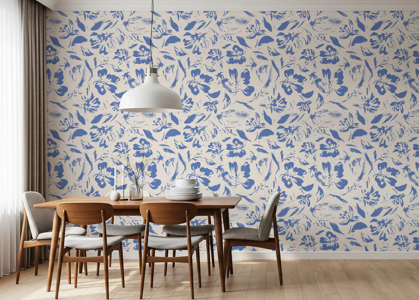 Papier peint floral crème et cobalt