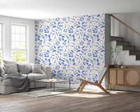 Papier peint floral crème et cobalt