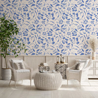 Papier peint floral crème et cobalt
