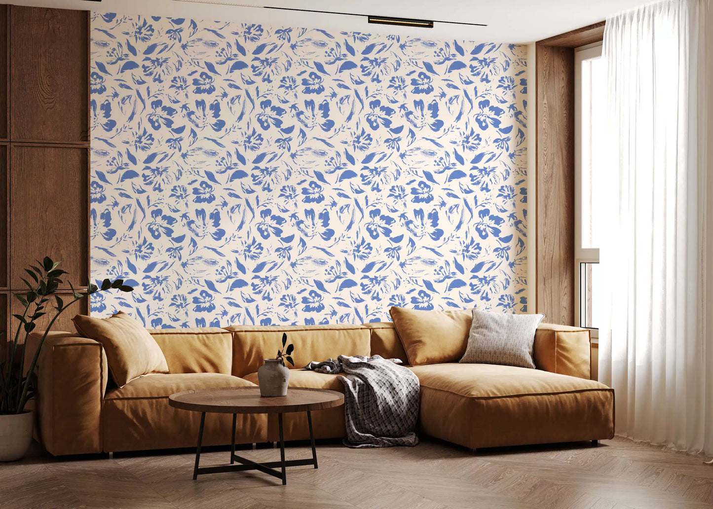 Papier peint floral crème et cobalt