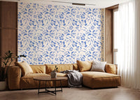 Papier peint floral crème et cobalt