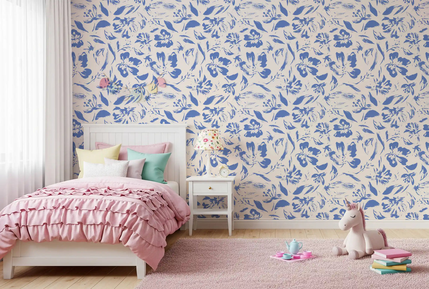 Papier peint floral crème et cobalt