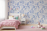 Papier peint floral crème et cobalt