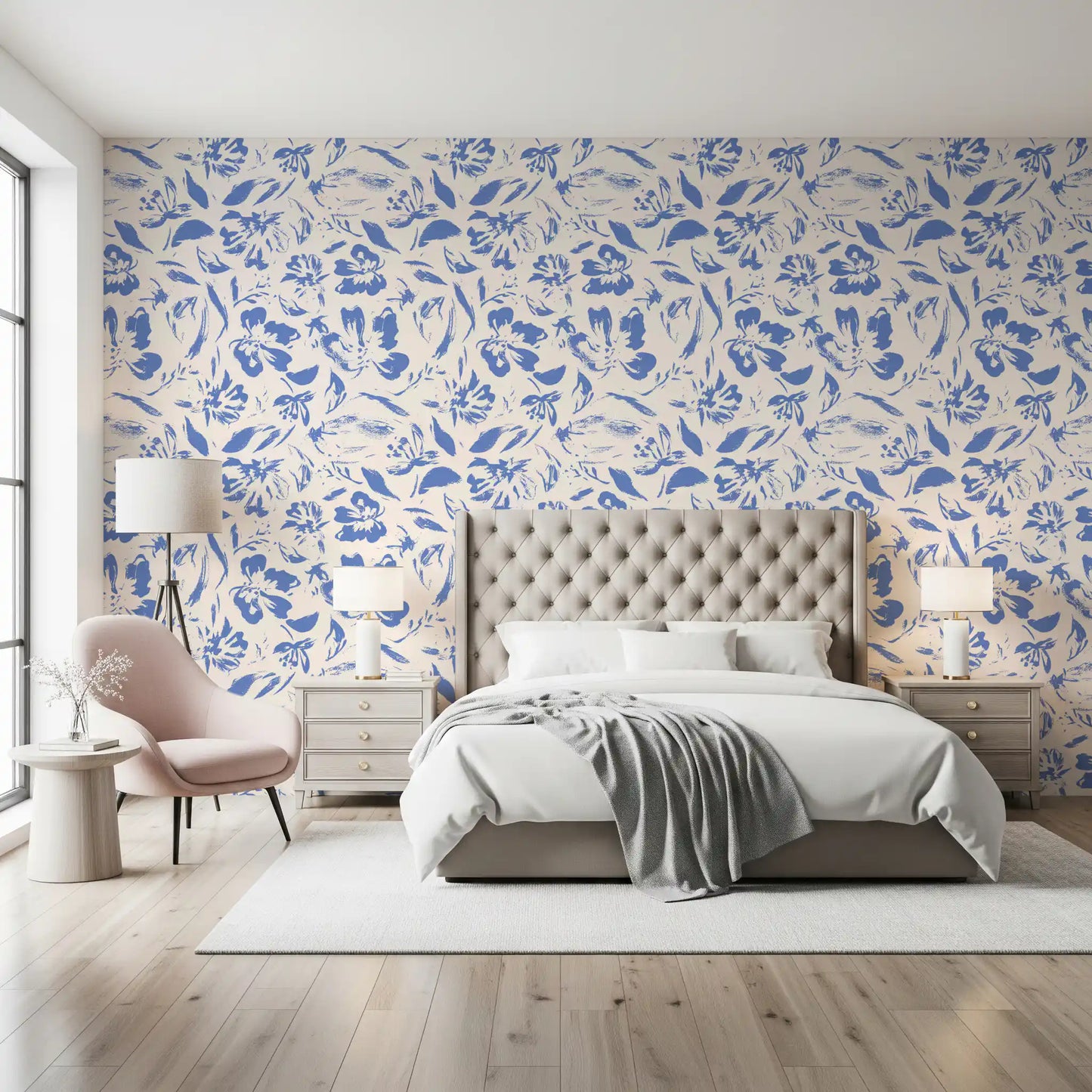 Papier peint floral crème et cobalt