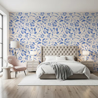 Papier peint floral crème et cobalt