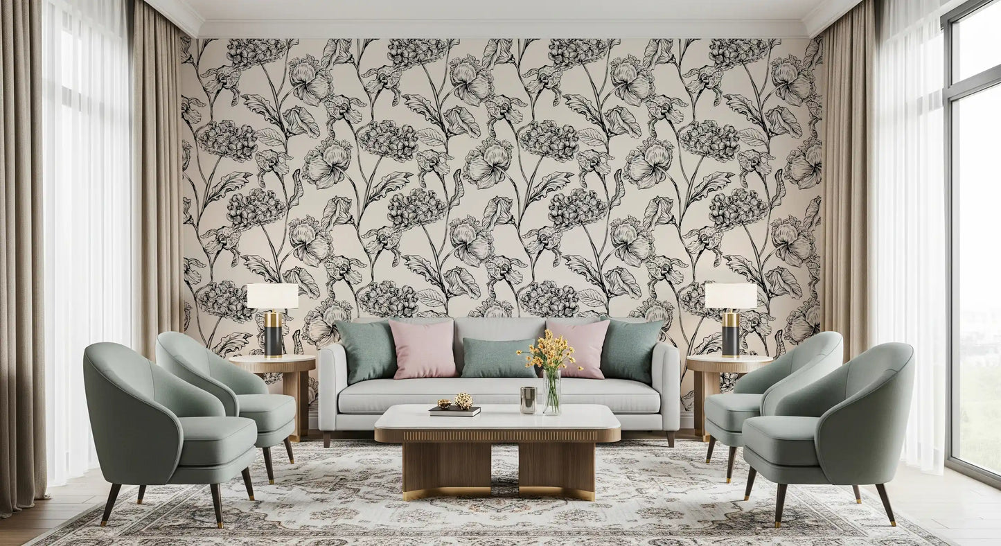 Monochrome botanische Linienkunst-Tapete
