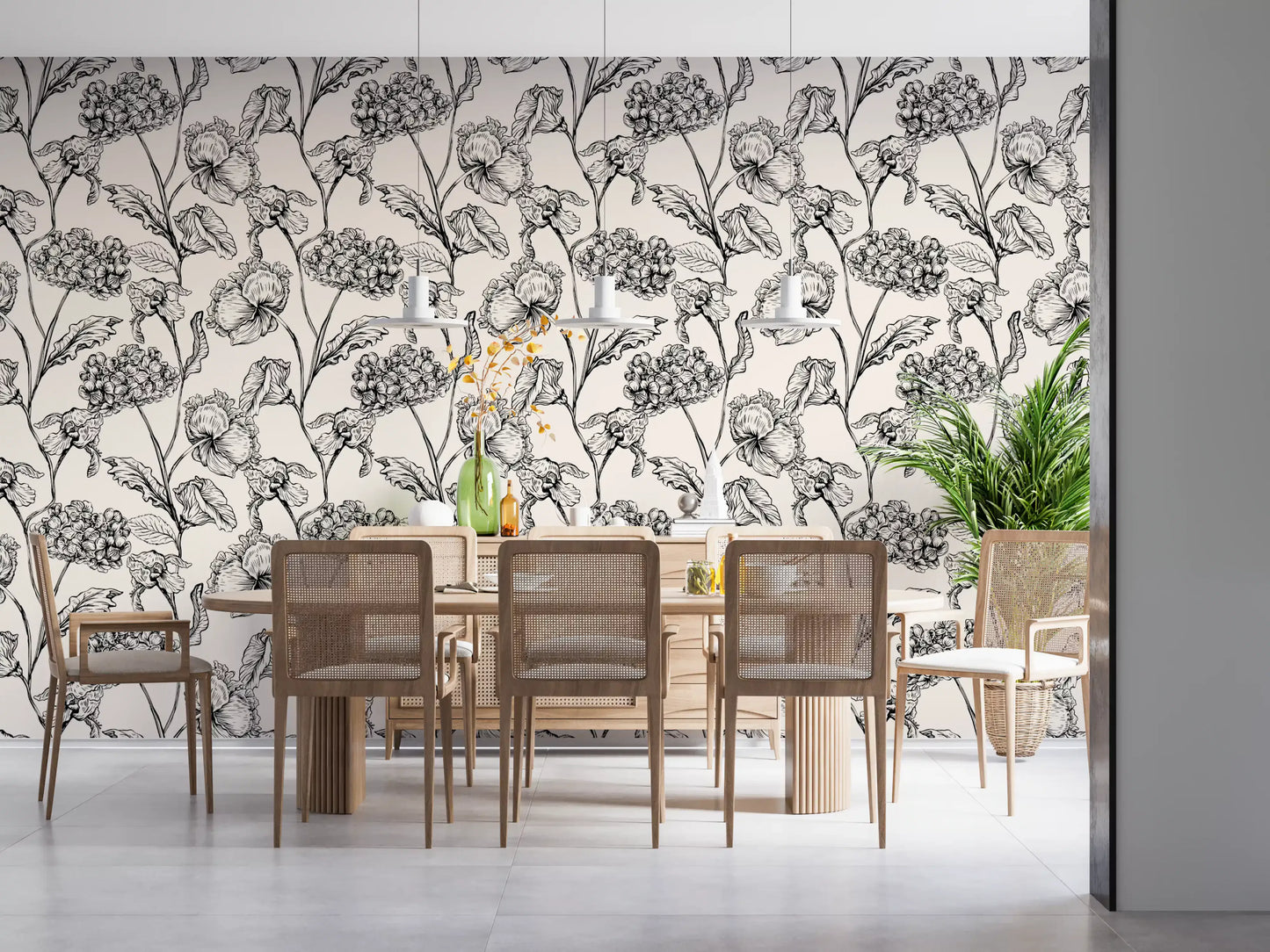 Monochrome botanische Linienkunst-Tapete