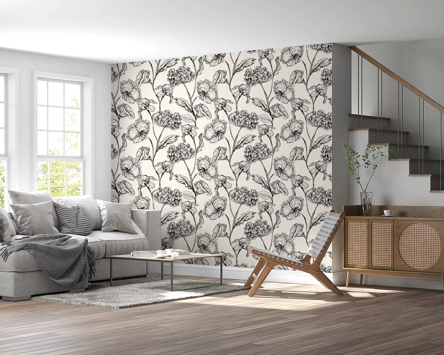 Monochrome botanische Linienkunst-Tapete