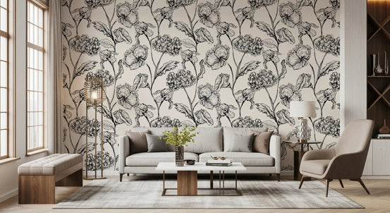 Monochrome botanische Linienkunst-Tapete