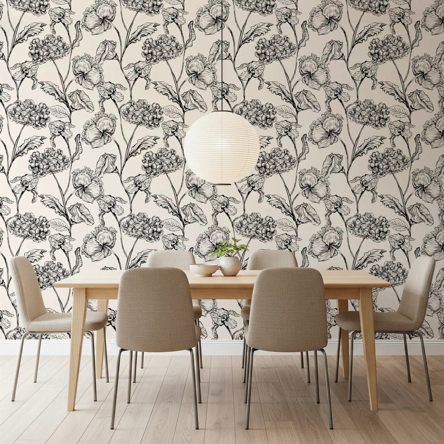 Monochrome botanische Linienkunst-Tapete
