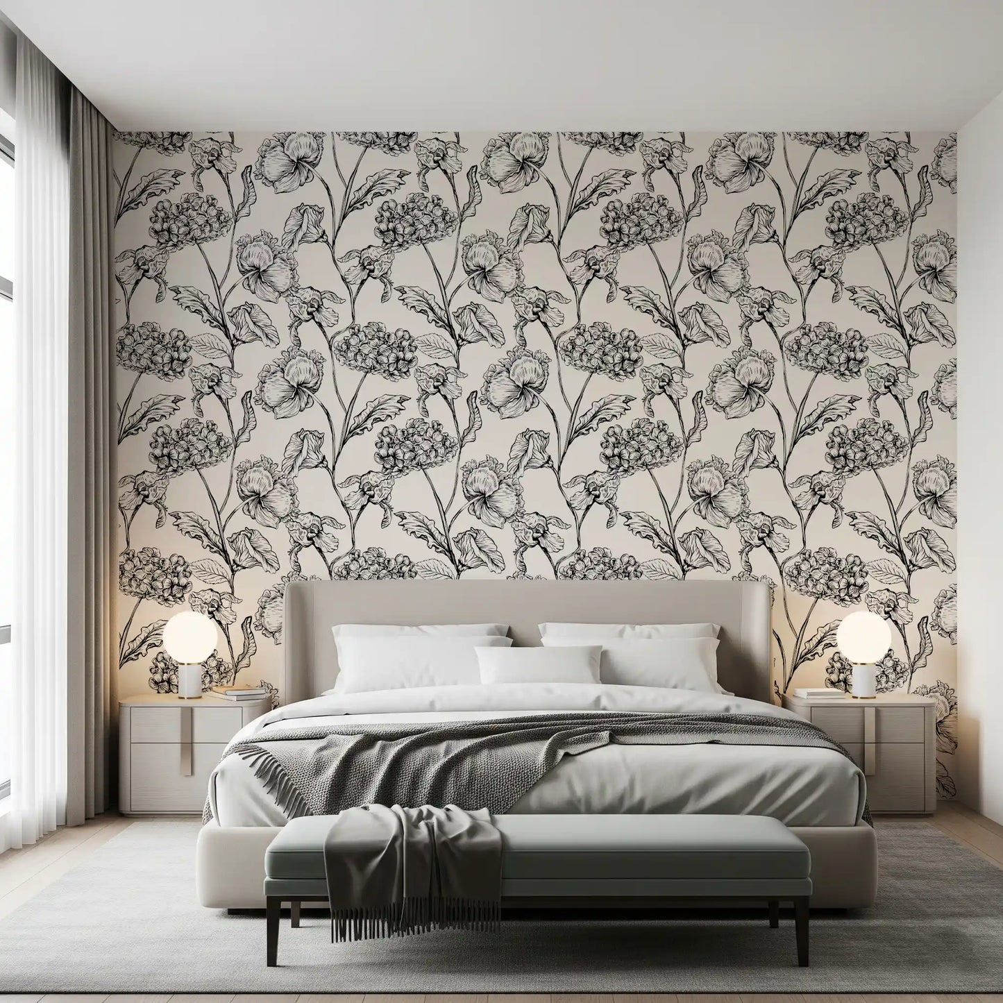 Monochrome botanische Linienkunst-Tapete