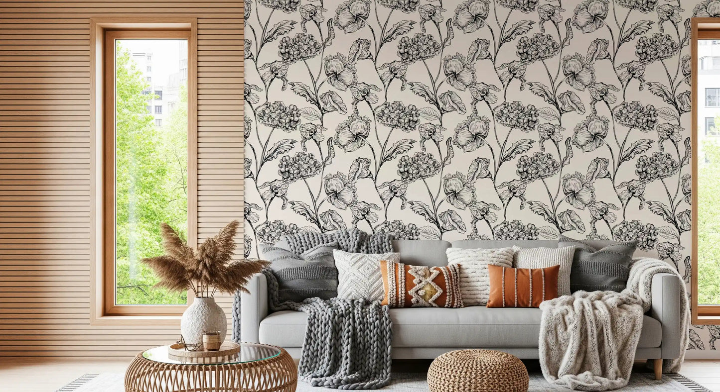 Monochrome botanische Linienkunst-Tapete