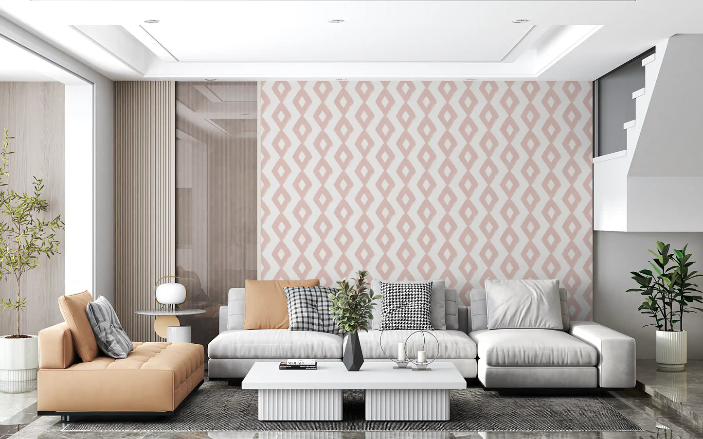 Soft Blush Hand-Painted Diamond Geometric Wallpaper⁠